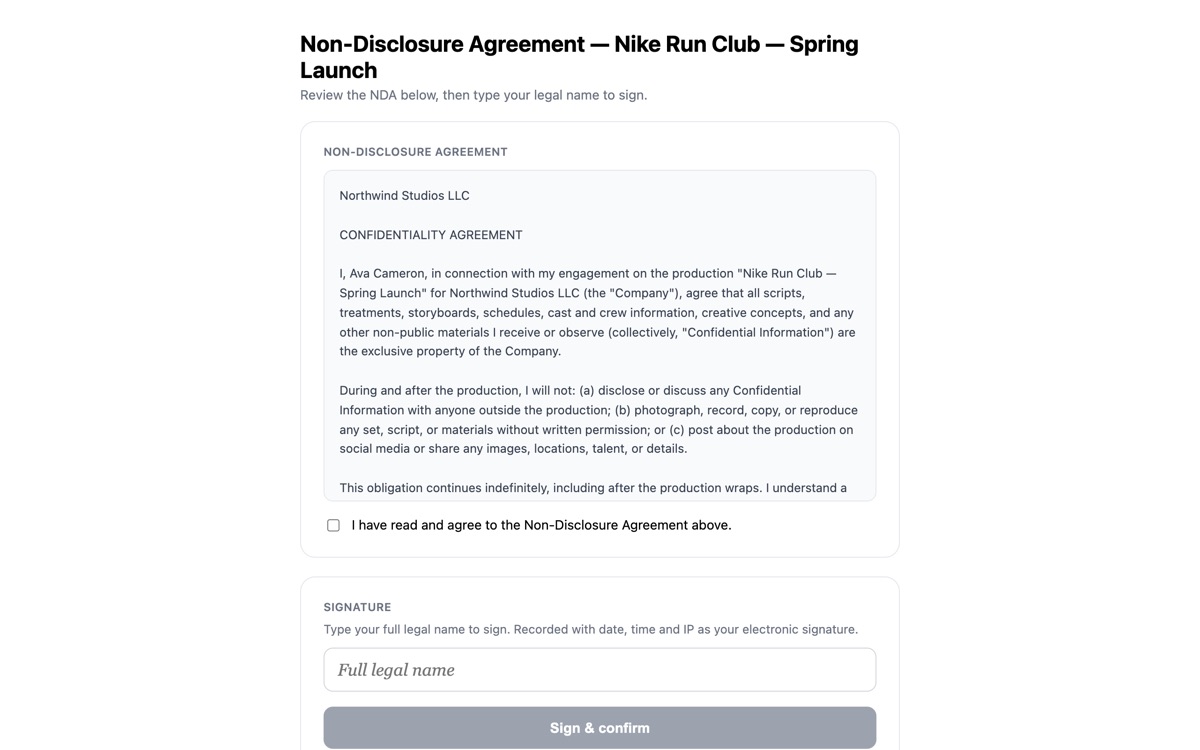 The recipient's standalone NDA signing page