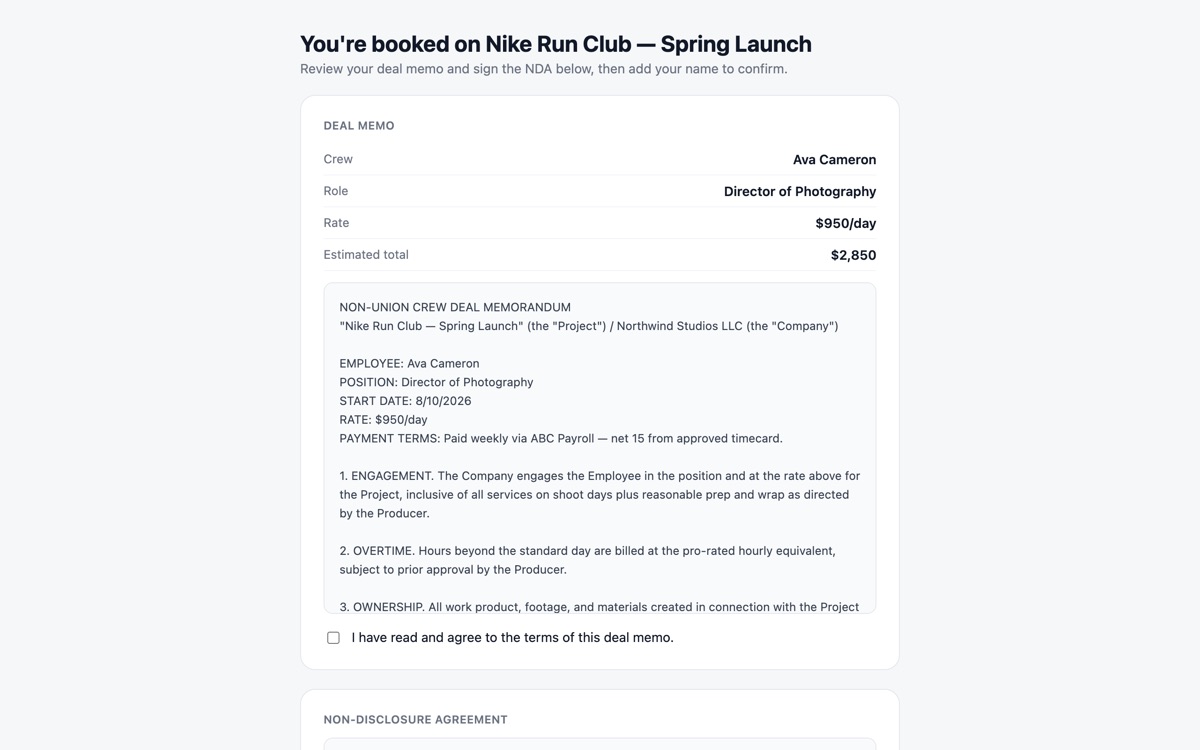 The deal memo a booked crew member reviews and signs